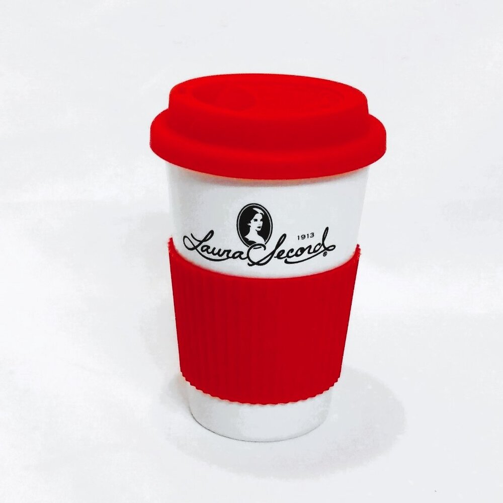 Laura Secord Ceramic Travel Coffee Tumbler with Red Silicone Grip And Lid